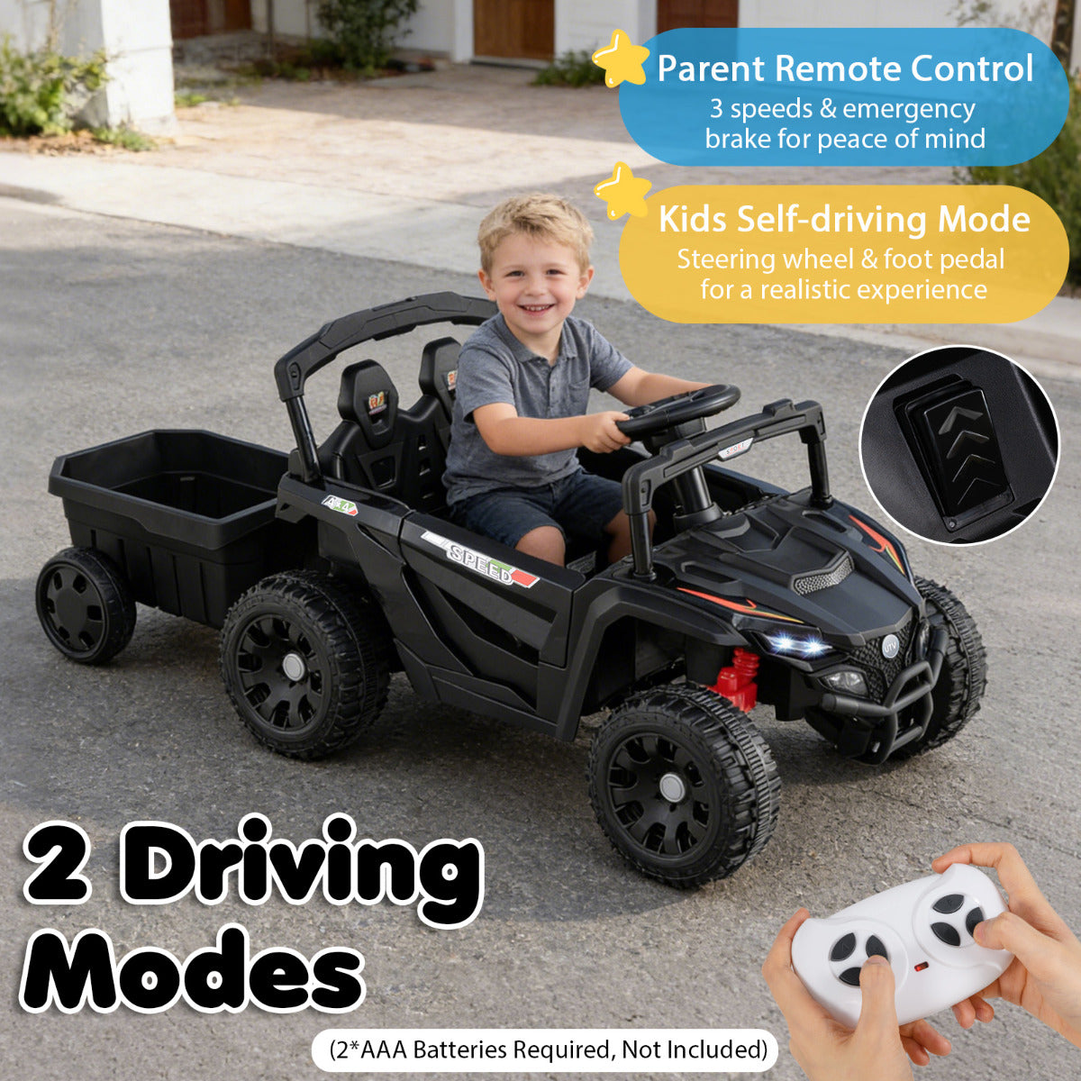 The kids electric tractor with a remote control shown in the foreground
