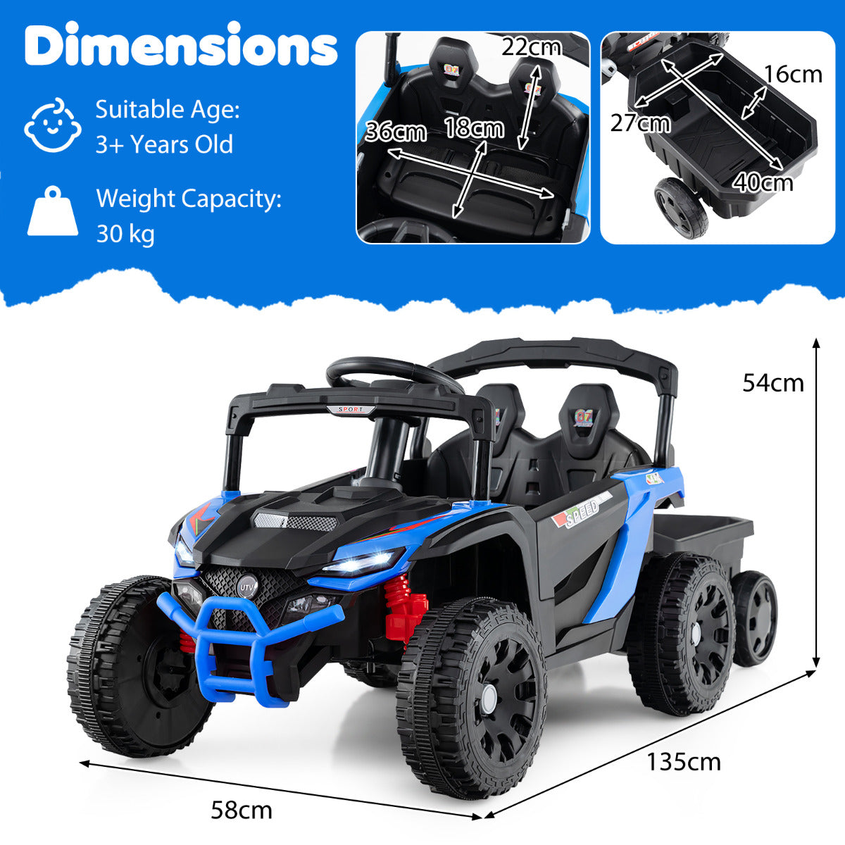 Dimensions diagram for the kids electric tractor with trailer