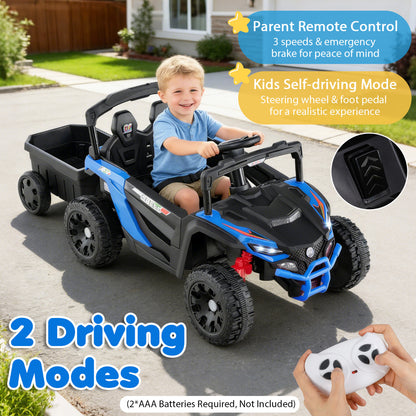 Child driving the kids electric tractor with trailer and remote control