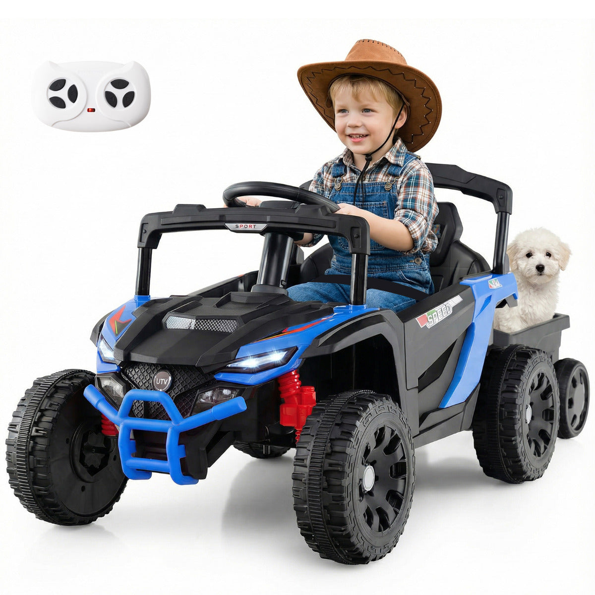 12V Battery Powered Ride On Kids Tractor with a child driving and a remote control