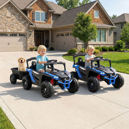 Two kids electric tractors with trailers parked on a driveway