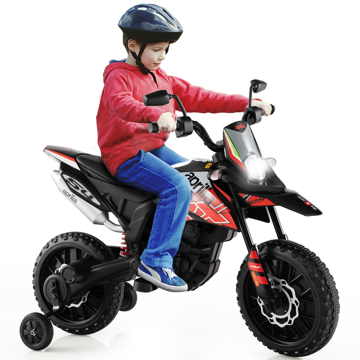 Boy in red hoodie riding the kids electric motorbike with stabilisers
