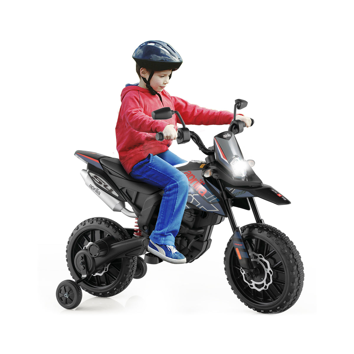 Child in a red helmet and blue jeans rides the kids electric motorbike