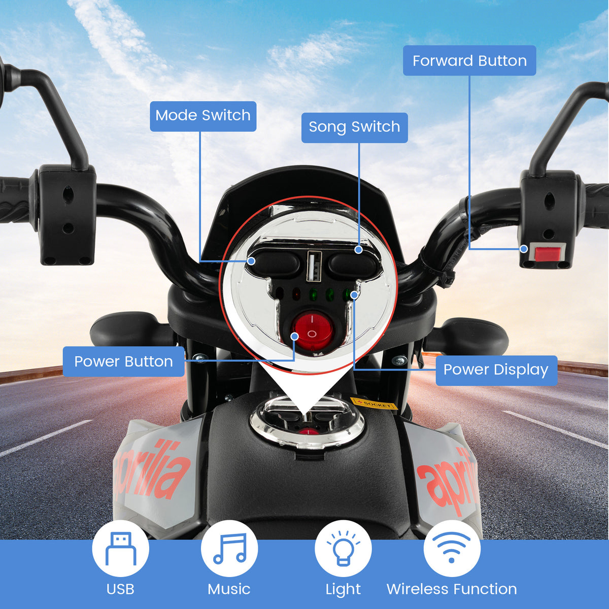Close up of the handlebars and dashboard of the kids electric motorbike