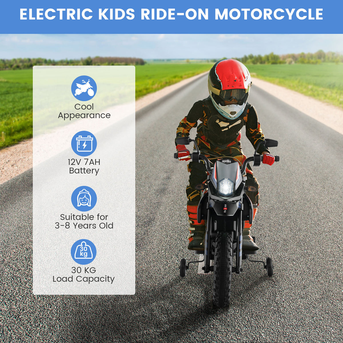 Kids electric motorbike with features listed