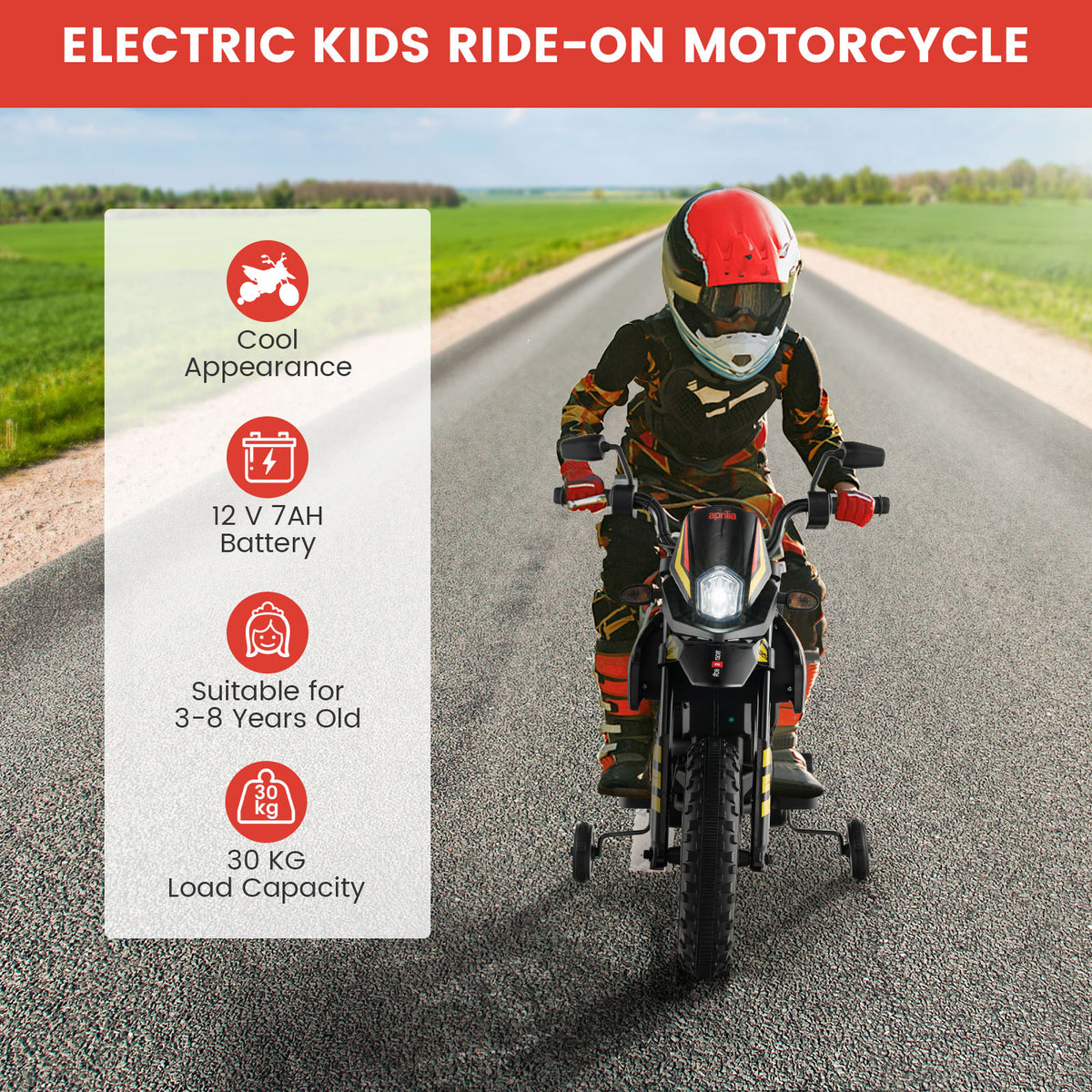 The kids electric motorbike with a list of key features and specifications on the side