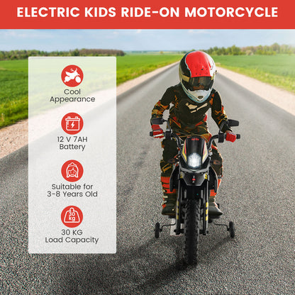 The kids electric motorbike with a list of key features and specifications on the side