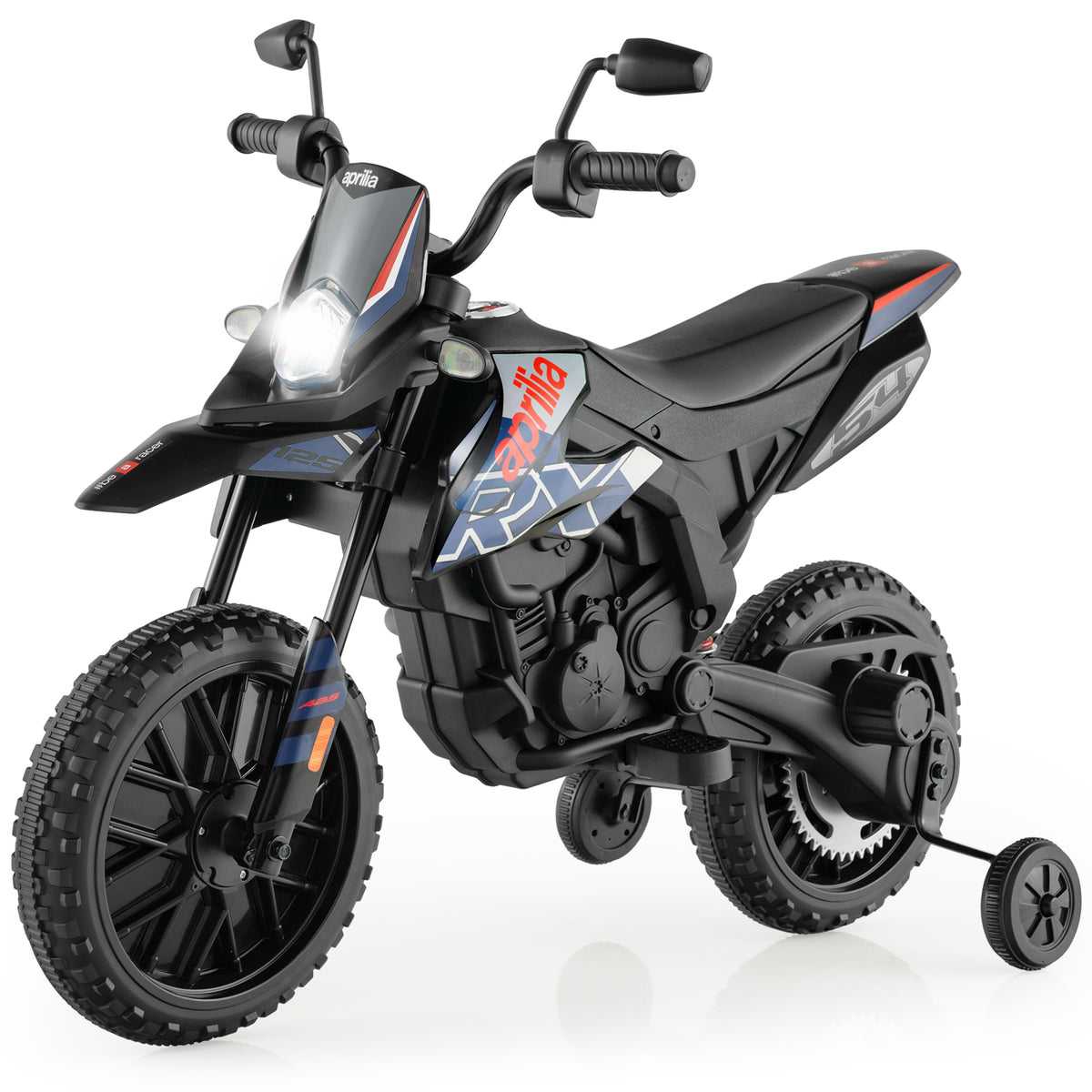 12V Battery Powered Toddler Motorbike in navy with stabilisers and a headlight