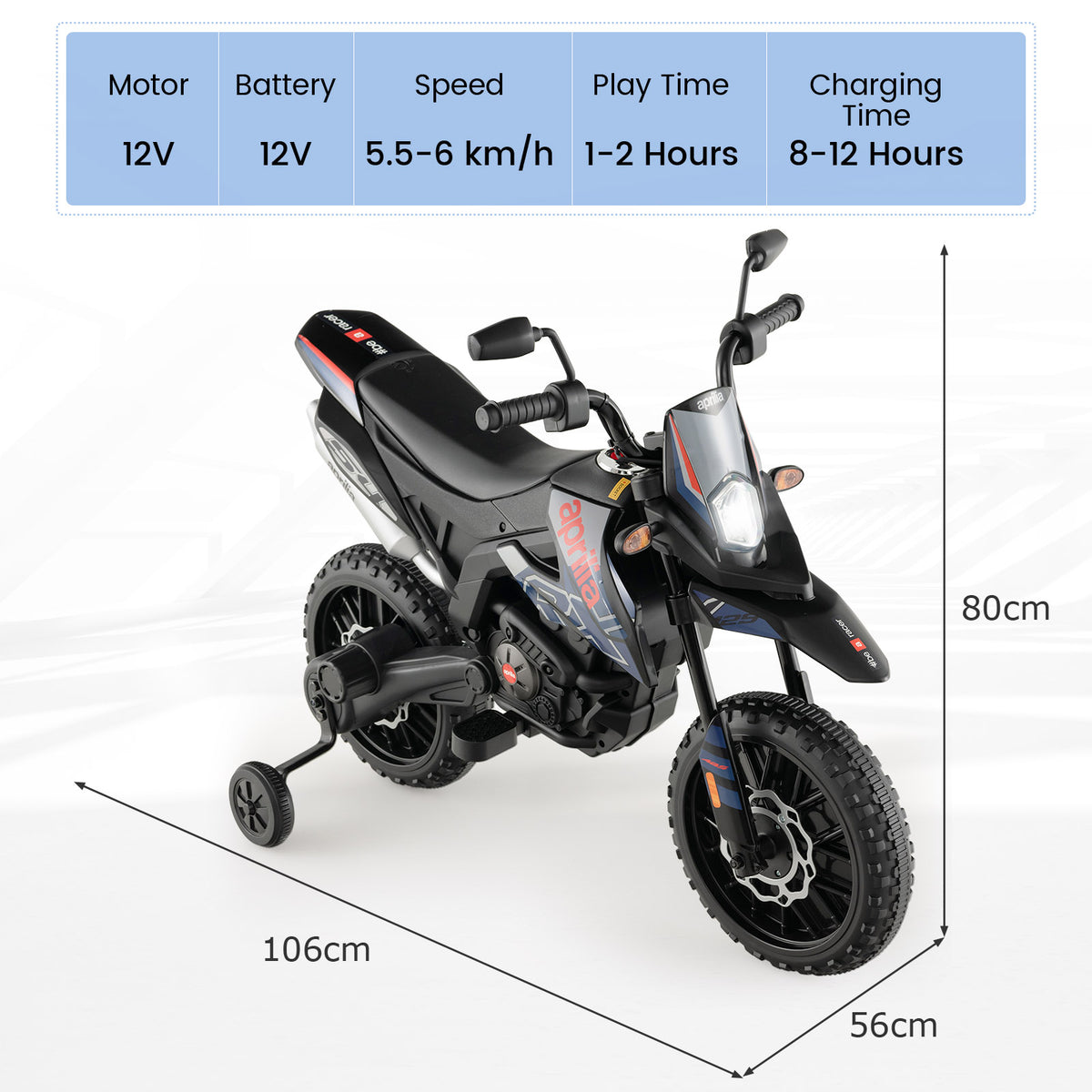 Navy kids electric motorbike with dimensions shown