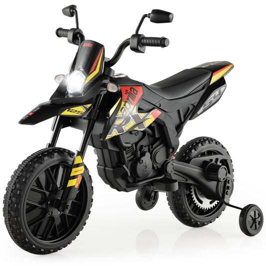 12V Battery Powered Toddler Motorbike in black with stabiliser wheels and a bright front headlight