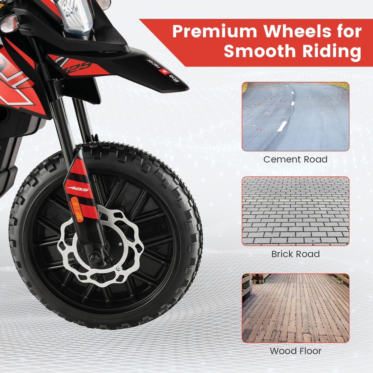 Close up of the kids electric motorbike wheels on different surfaces