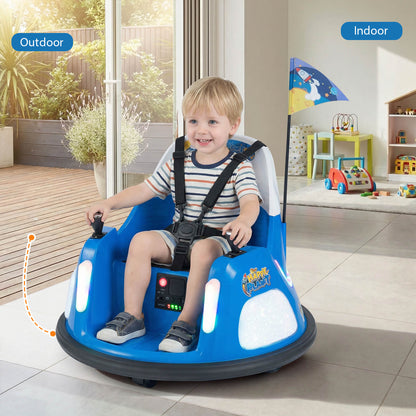 A smiling boy sitting in a blue electric bumper car indoors, with a doorway and garden visible behind