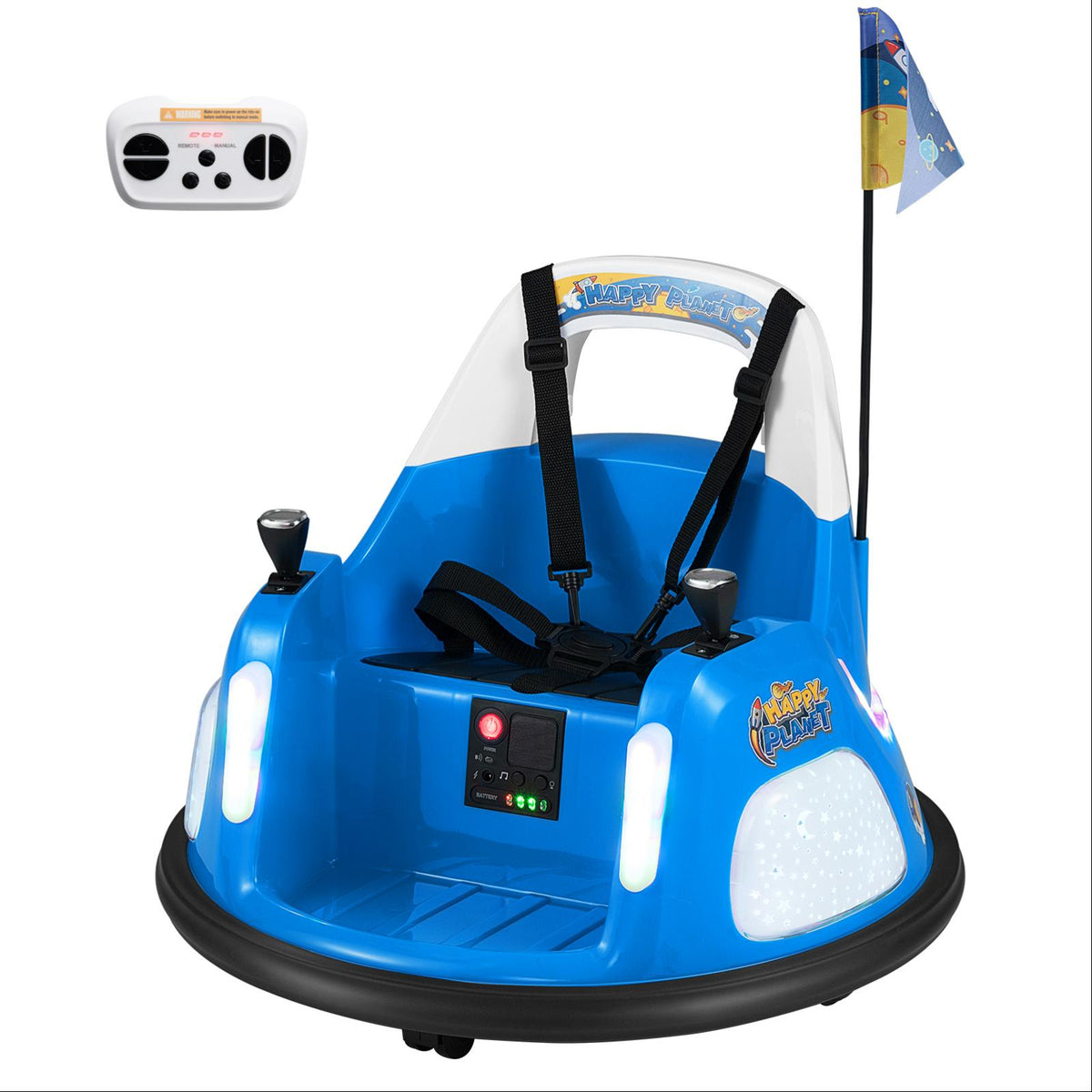 Blue electric bumper car with remote control and flag, showing the steering wheel and control panel