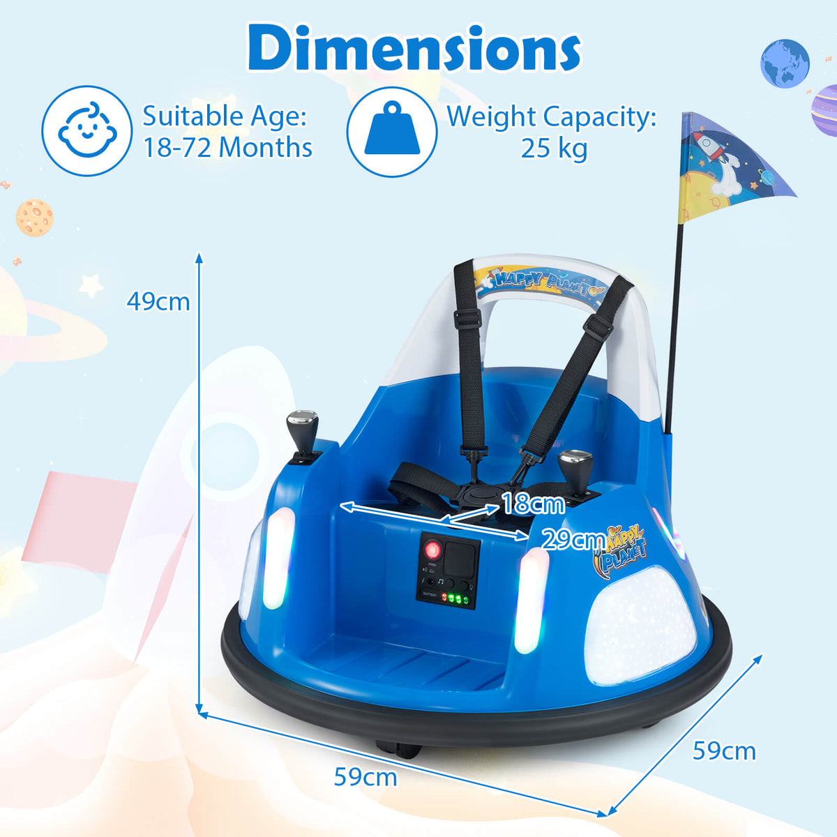 Dimensions diagram showing the size of the blue electric bumper car with height and width measurements