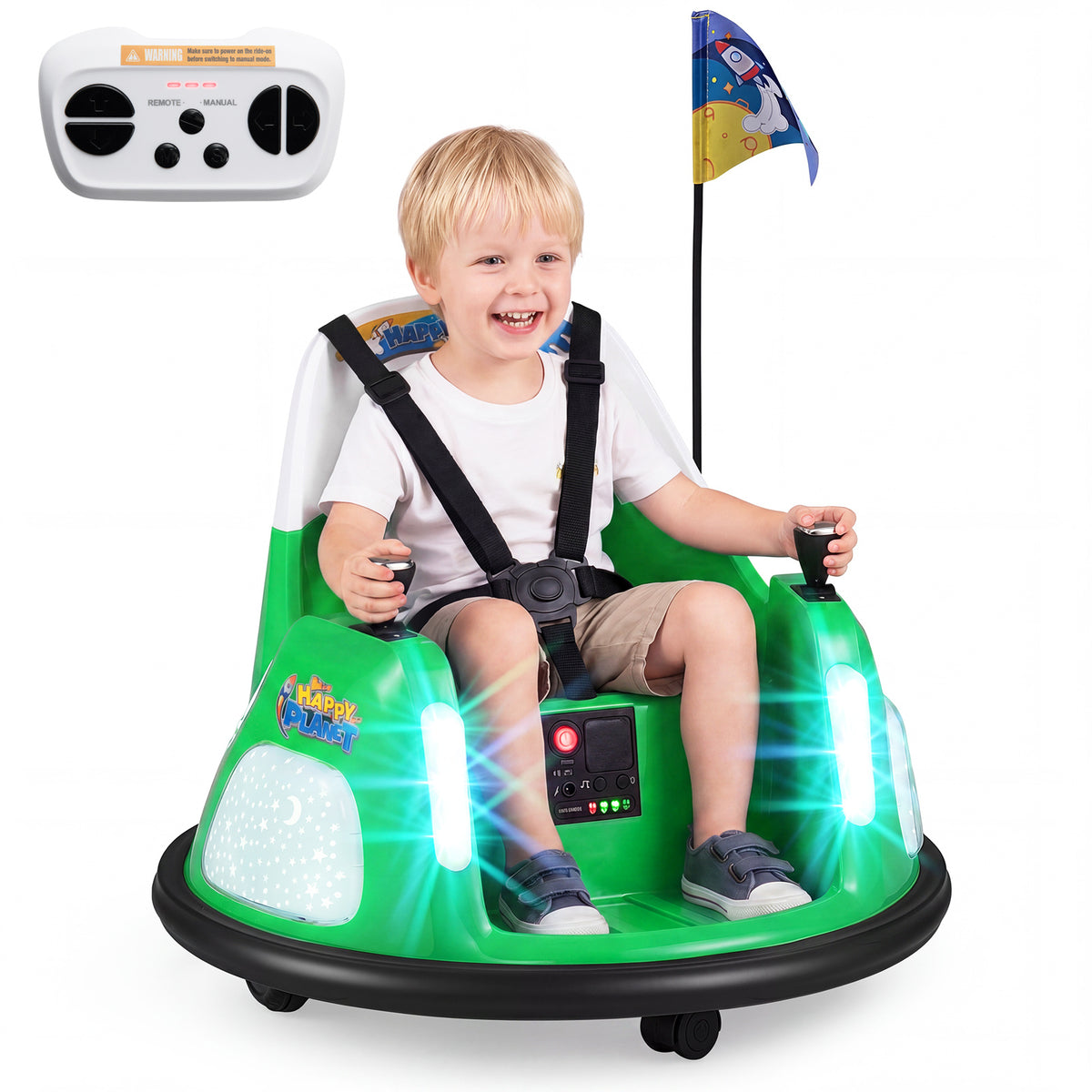 A happy young boy driving the green electric bumper car with a smile
