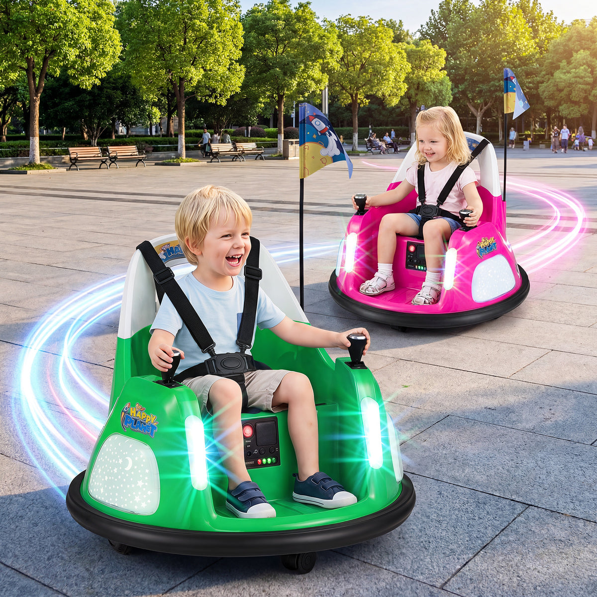 Two children enjoying a ride in the green and pink electric bumper cars outdoors