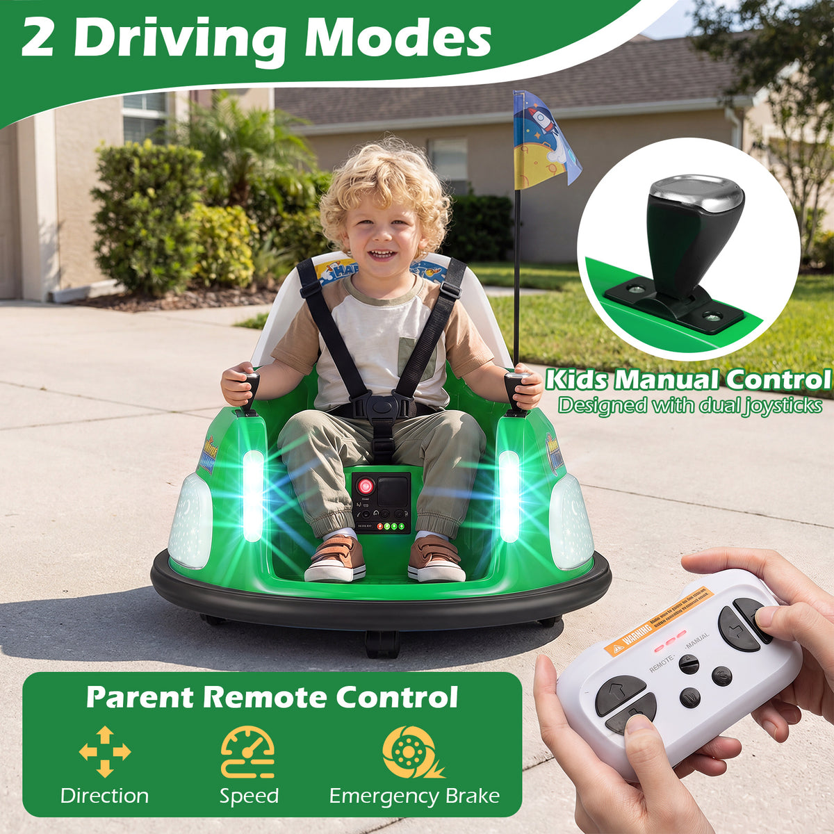 Close up of the kids electric bumper car controls and parent remote