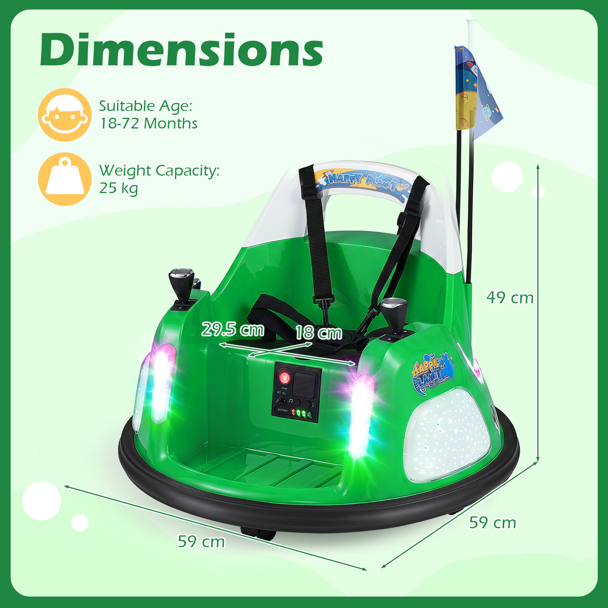 Dimensions diagram for the green kids electric bumper car showing measurements