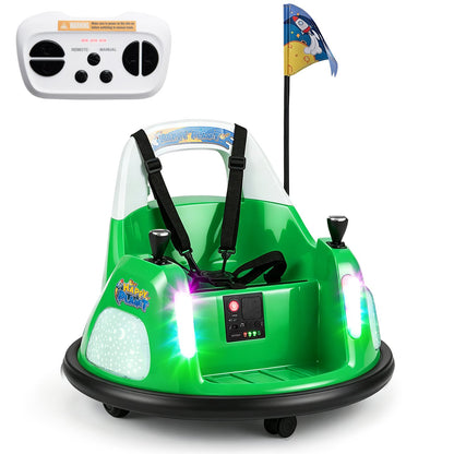 12V Bumper Car for kids in green with remote control and lighting modes