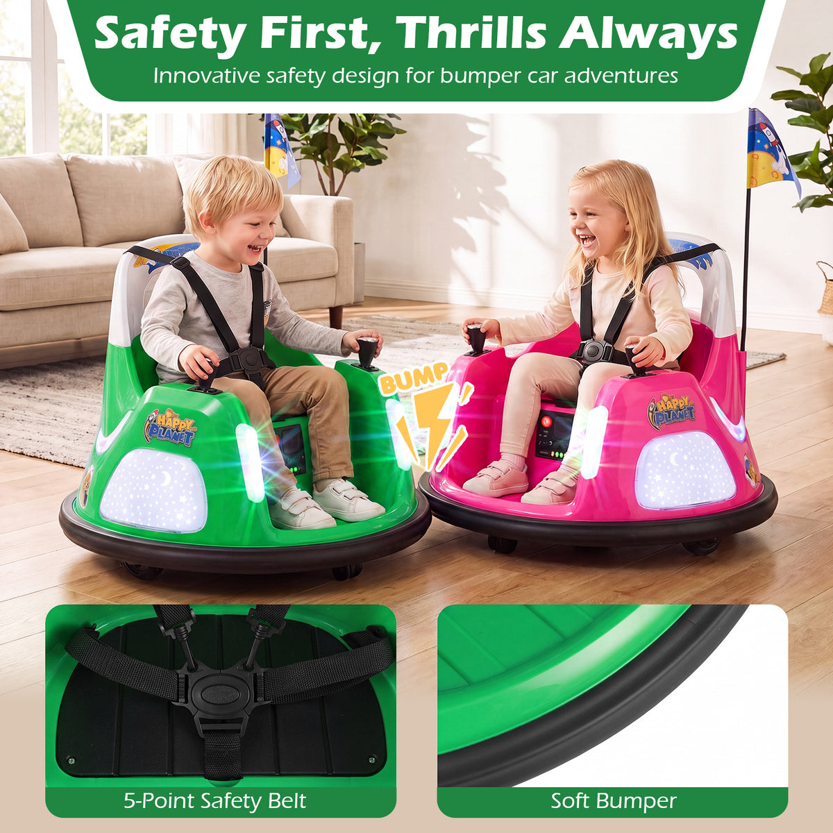 Two children in the green and pink electric bumper cars with safety features highlighted