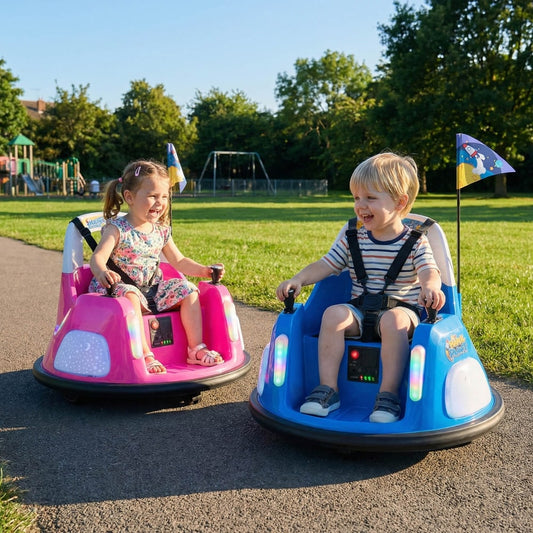 Two children enjoying a ride on pink and blue electric bumper cars in a park