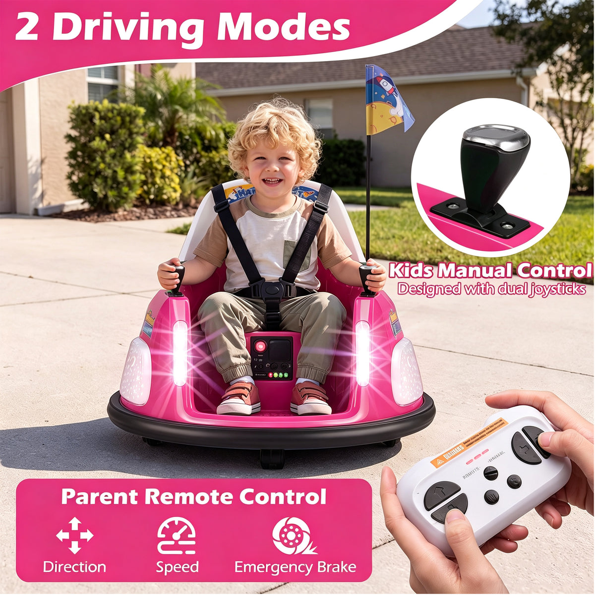 Close up of the pink electric bumper car controls and remote