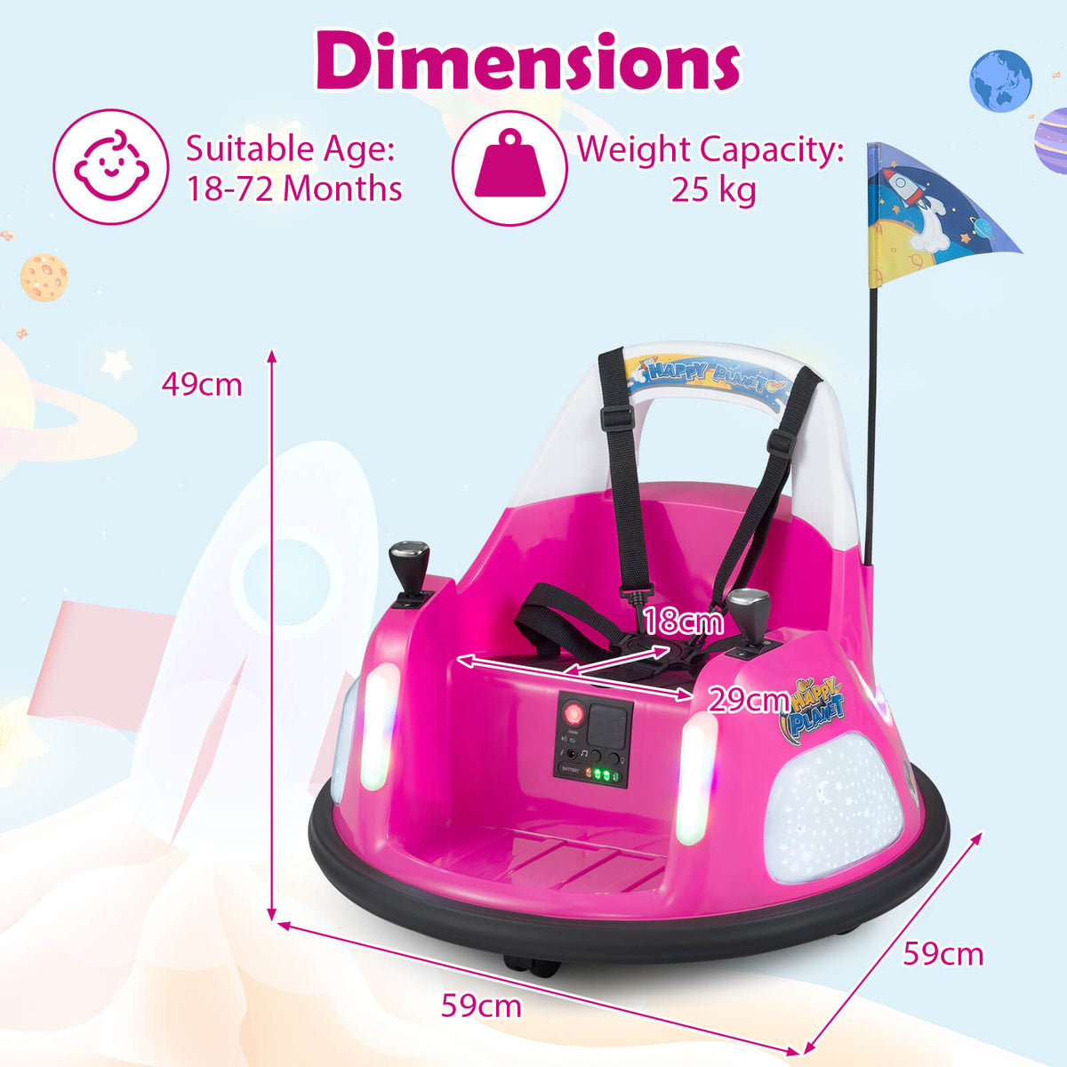 Pink electric bumper car with dimensions labelled for size comparison