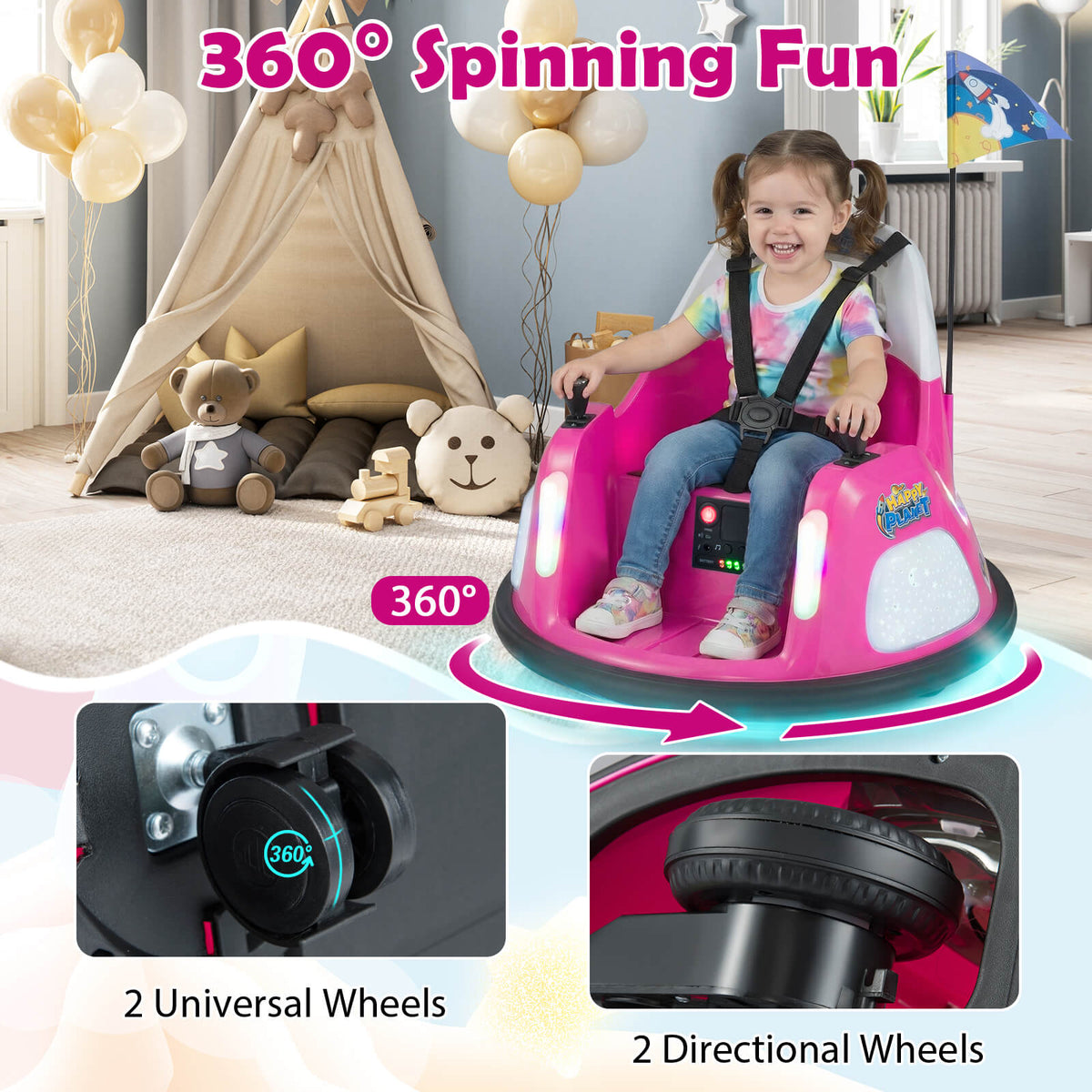 the pink electric bumper car with a child inside and close ups of the wheel mechanisms
