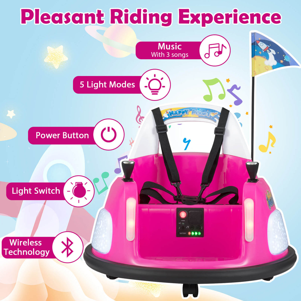 Pink electric bumper car showing light modes and music features