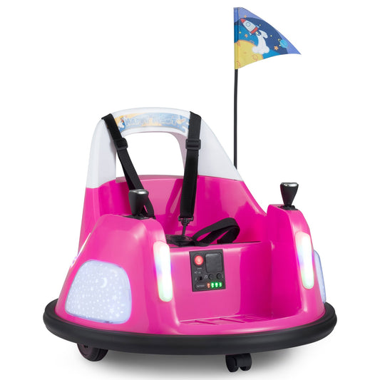 12V Bumper Car for kids in pink, a fun ride-on toy with lights and a flag