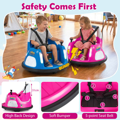 Pink electric bumper car with safety features and close ups of seat and bumper