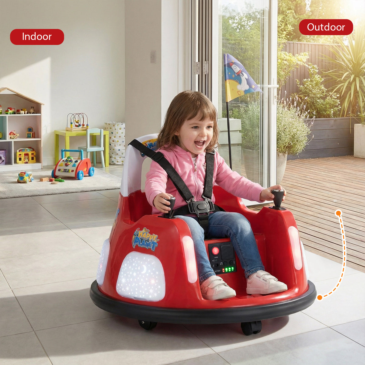 12V Bumper Car, a child driving a red kids electric car indoors on a wooden floor near a window