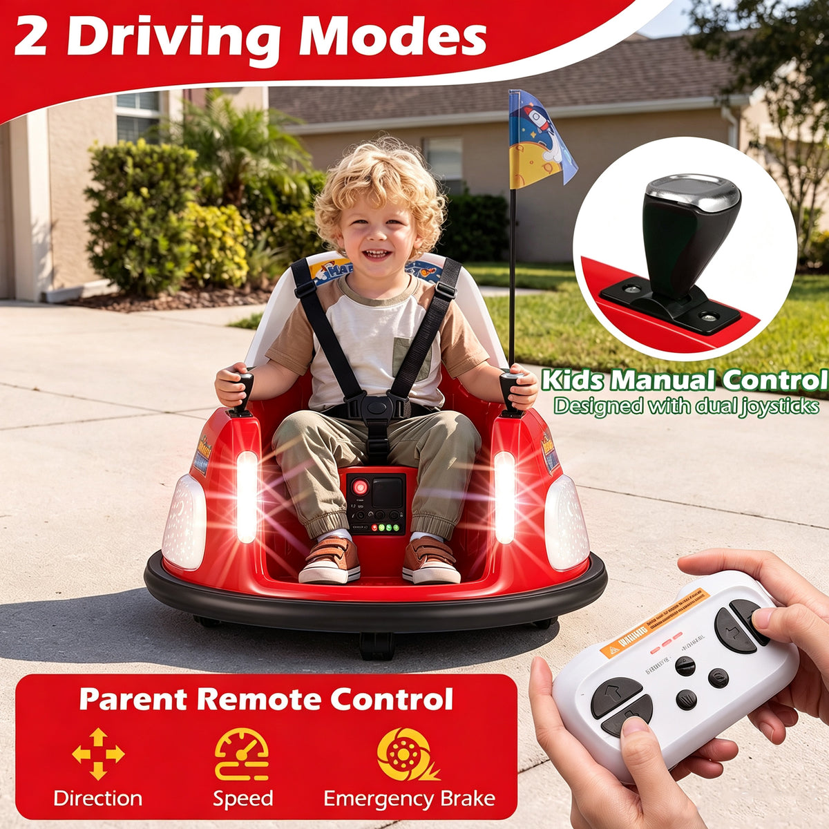 A boy sitting in a red kids electric car with parent remote control and joystick controls shown