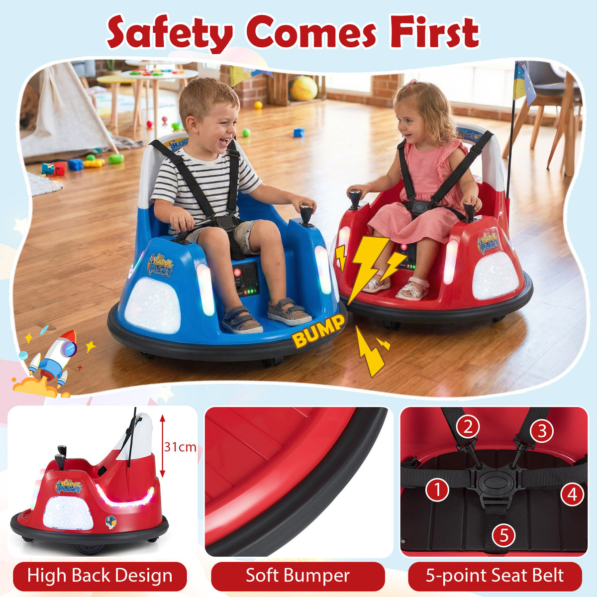 Two kids electric cars showing safety features like a high back design and soft bumper