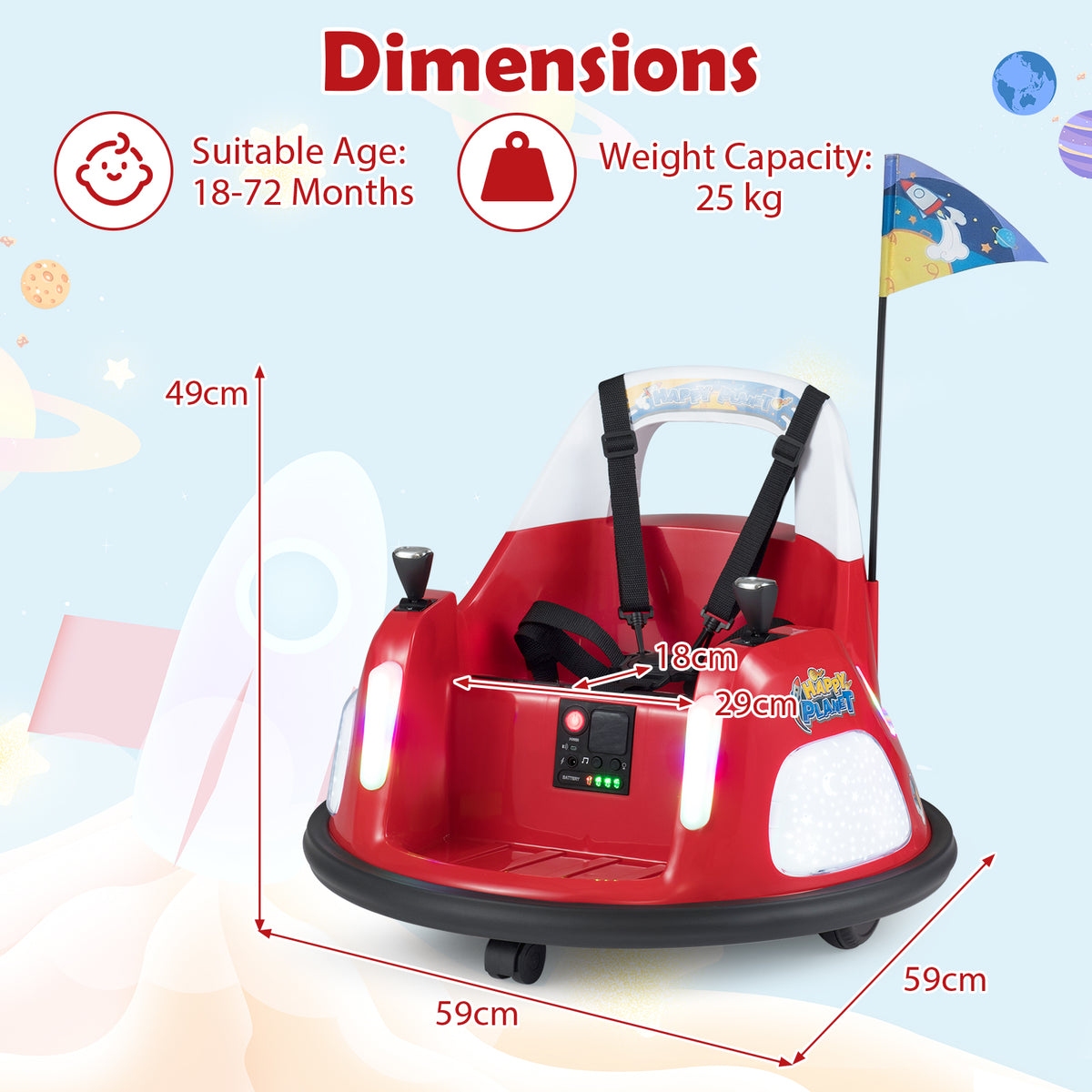 12V Bumper Car, dimensions diagram for a red kids electric car showing height and width measurements