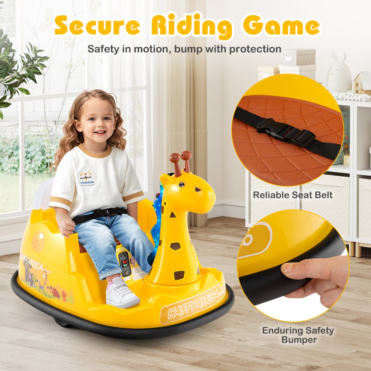 Child secured in the yellow bumper car with seat belt and bumper detail