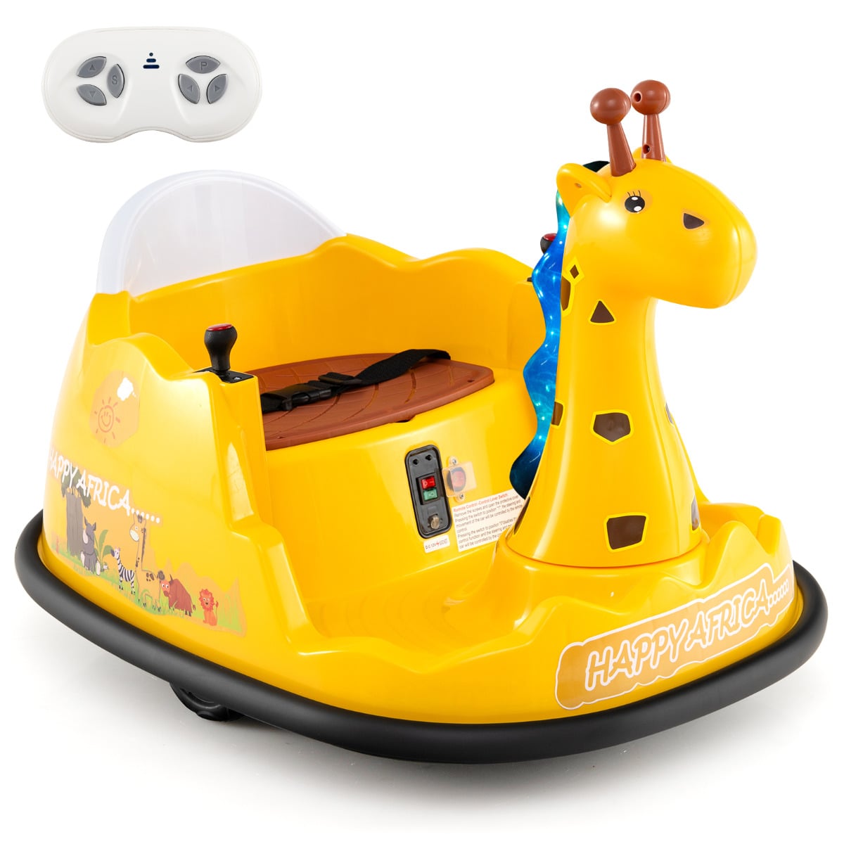 12V Bumper Car Giraffe Toddler 360° Spinning Ride on Toy-Yellow with remote control