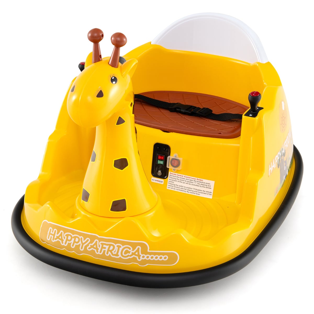Close-up of the yellow toddler bumper car with giraffe design