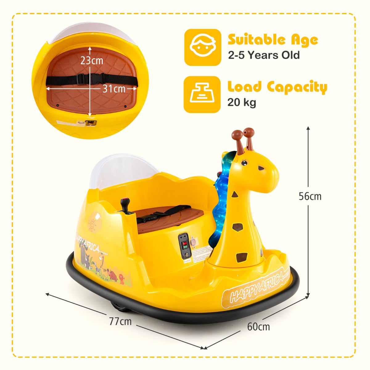 Size diagram of the yellow giraffe bumper car with dimensions