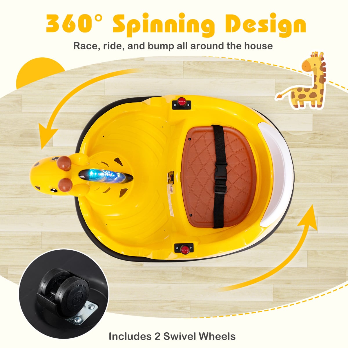Top view of the yellow bumper car showing 360 degree spinning and wheels