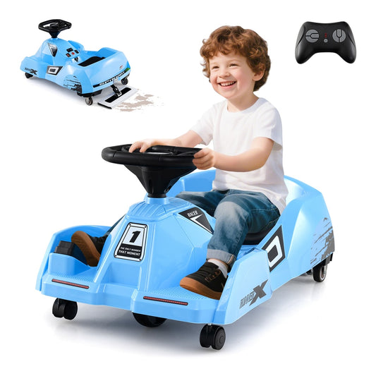 Young boy happily riding the blue electric cleaning go kart race car with remote control