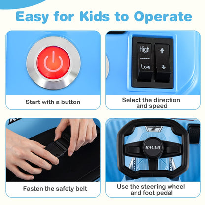 Close up of the electric cleaning go kart controls: start button, speed selector, seatbelt, steering wheel