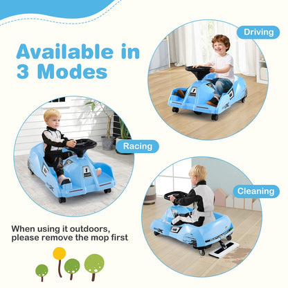 Three modes for the electric cleaning go kart: driving, racing, and cleaning