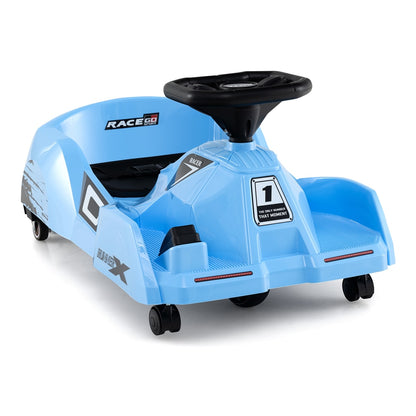 Rear view of the blue electric cleaning go kart ride on race car with detachable mop