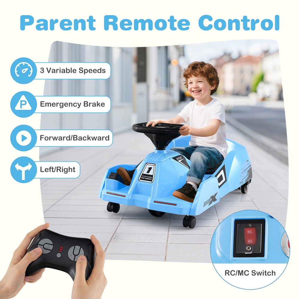 Parent remote control features for the electric cleaning go kart: speeds, brake, direction