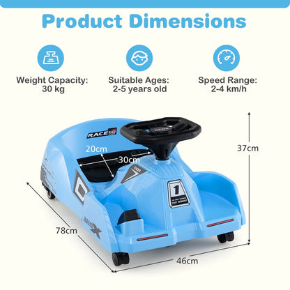 Product dimensions diagram for the blue electric cleaning go kart ride on race car