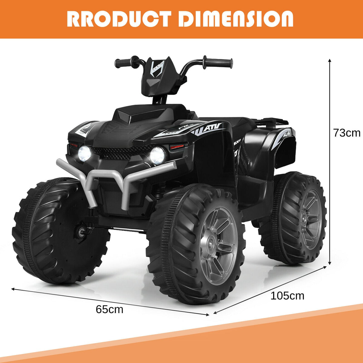 Black electric quad bike with dimensions shown