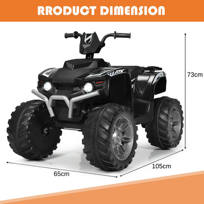 Black electric quad bike with dimensions shown