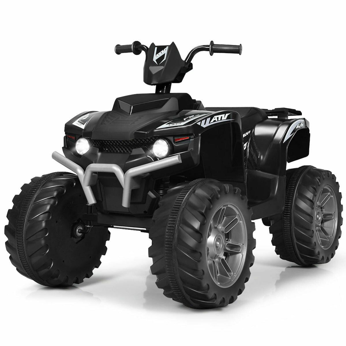 12v Electric Kids Ride On ATV / Quad Bike in black, a front three-quarter view
