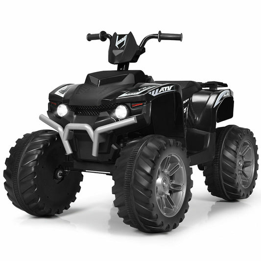 12v Electric Kids Ride On ATV / Quad Bike in black, a front three-quarter view